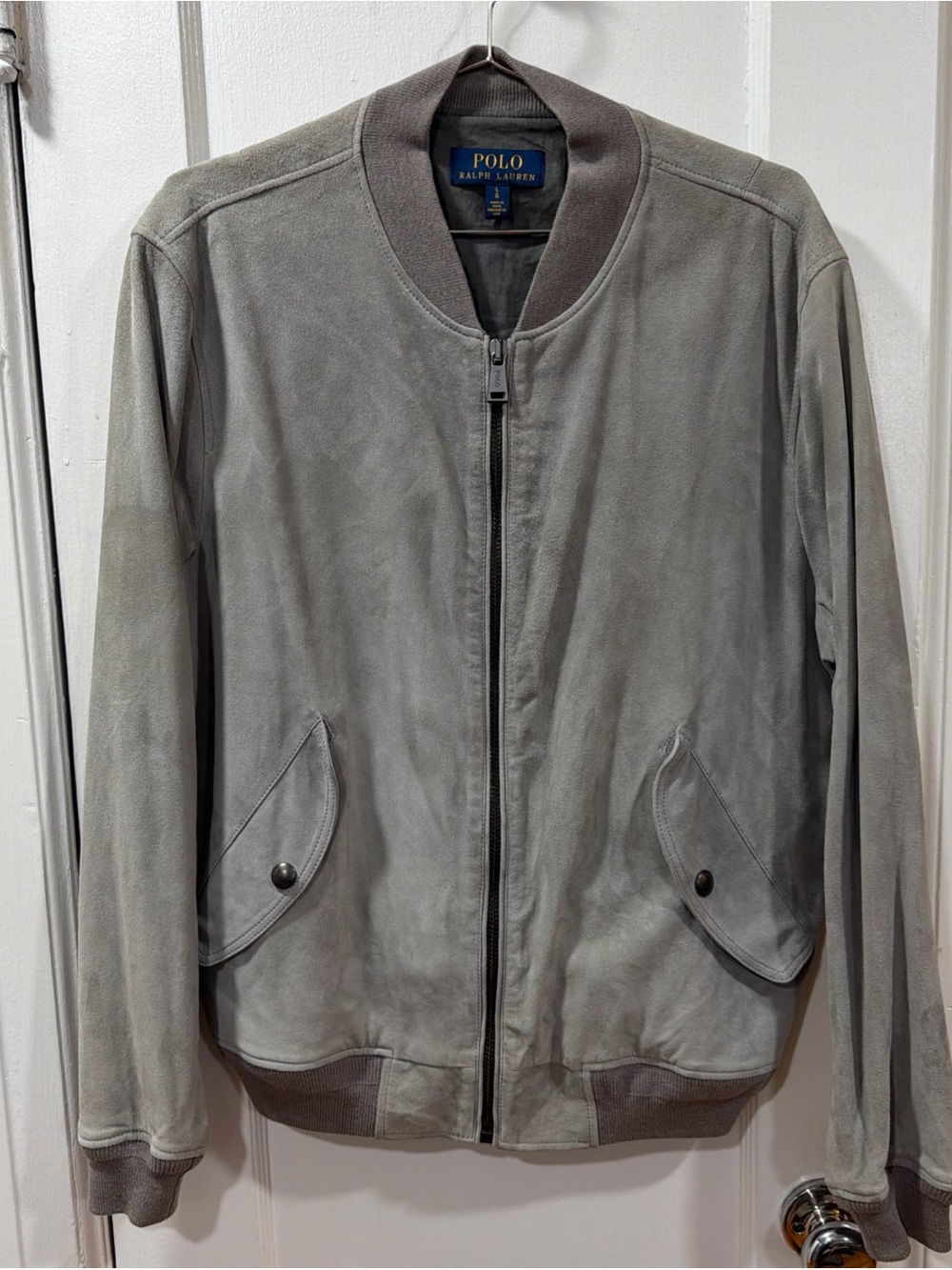 Polo by Ralph Lauren Gray Suede Bomber Jacket with Ribbed Trim Large